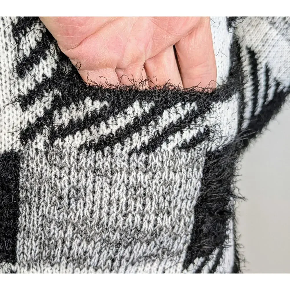 Ashley Stewart Cardigan Sweater 3X Black White Buffalo Check Fuzzy Knit Preppy